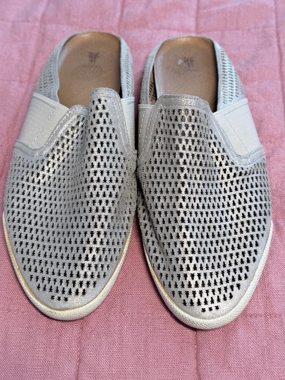 Frye Light Gray Perforated Slip-On Mules with Elastic Goring